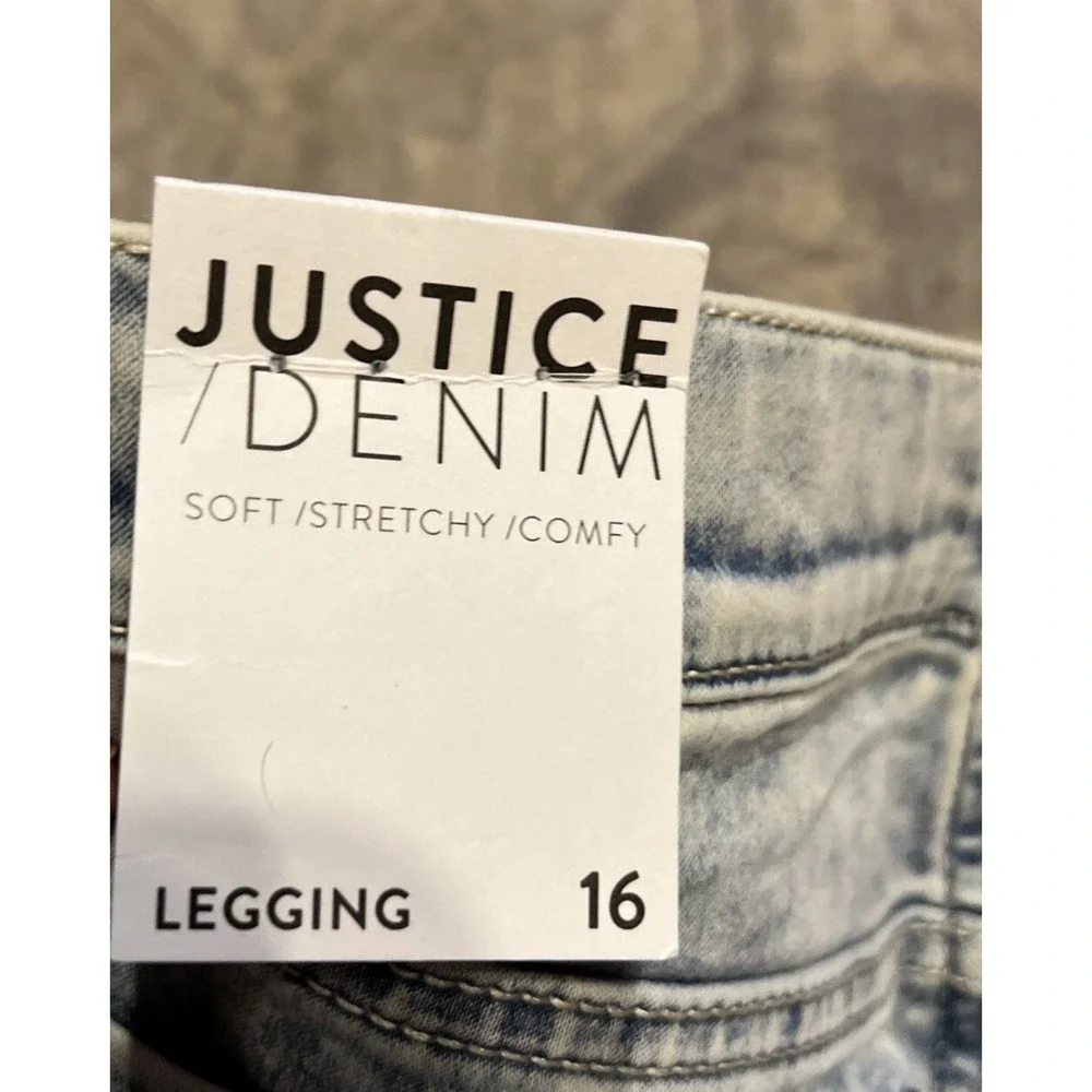 New JUSTICE YOUTH  GIRLS LEGGINGS Sz 16 MID‎ RISE DENIM RINSE STRETCH
